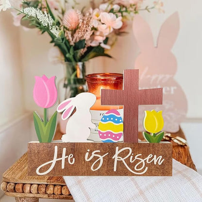He is Risen Wood Block Table Sign Wooden Bunny Tulips Cross Table Top Decorations Tiered Trays Desk Shelf Easter Home Office Coffee Bar Decor 6 Pieces