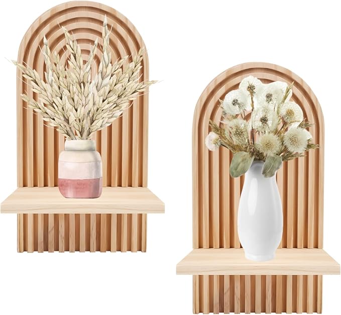 2 Pcs Modern Boho Wooden Rainbow Wall Shelves Shelf Decor, Wood Wall Mount Book Shelf, Floating Shelves for Living Rooms Bathroom Wall Decor Display (05)