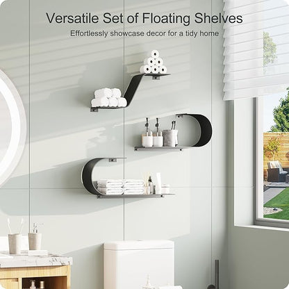Black Floating Shelves Set of 3, Black Metal Decor, Unique Mounted Floating Shelf, Modern Long Wall Shelf, Large Wall Shelves for Bedroom, Bathroom, Living Room