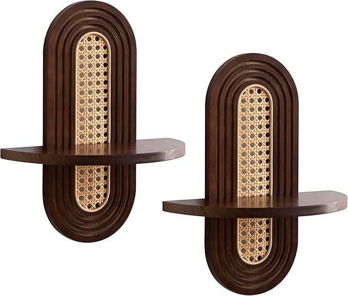Wooden Arched Floating Shelf - Boho Decor Wall-Mouted Shelves Book Display Rattan Shelf for Bedroom Living Room Bathroom Nursery Home Office 14.5" x 11.6"