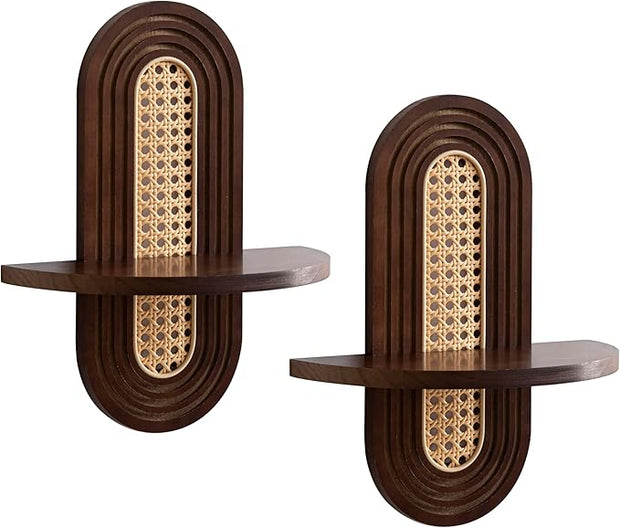Wooden Arched Floating Shelf - Boho Decor Wall-Mouted Shelves Book Display Rattan Shelf for Bedroom Living Room Bathroom Nursery Home Office 14.5" x 11.6"