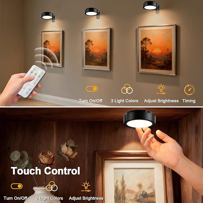 Picture Lights for Wall, Battery Powered Magnetic Lights with 3 Lighting Color Dimmable Timer Art,Poster,Gallery,Painting Display,Photos,Frame,Wall Light, Black (3 Pack)