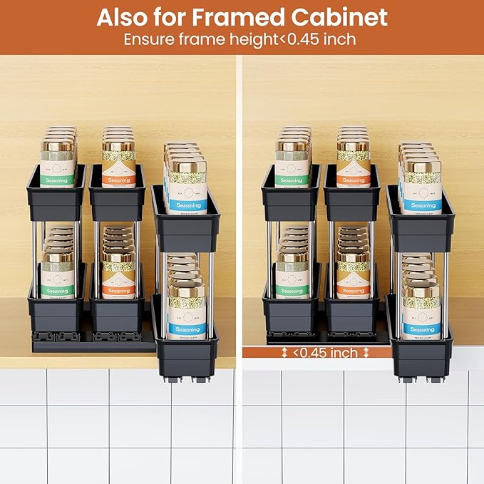 Pull Out Spice Rack Organizer for Cabinet, Slide Out Spice Racks Organizer, Easy to Install Spice Cabinet Organizers, 2.3''Wx10.66''Dx8.11''H, 3 Packs - 2 Tiers (Black)