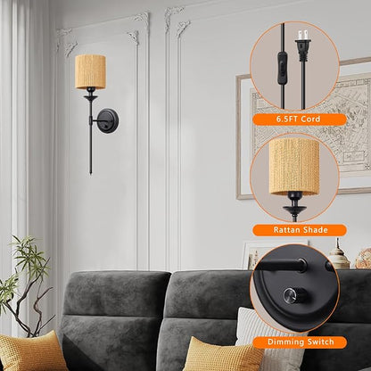 Rattan Plug in Wall Sconces Set of 2, Dimmable Vintage Black Wall Light with Dimmer Switch 6.5ft Electric Cord Wall Lamp for Bedroom Bedside Living Room ﻿