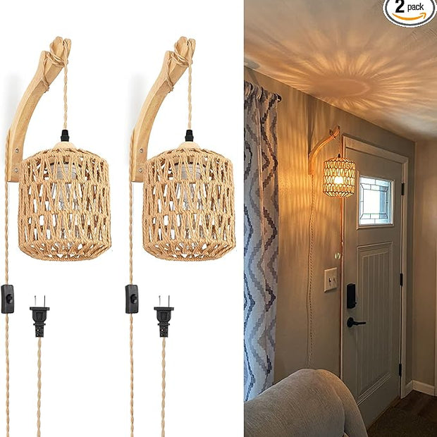 Frideko Plug in Wall Sconces Set of Two Hand Woven Lamp with Cord Rattan Lights Farmhouse Sconce Mounted Light Boho Lighting for Bedroom Living Room