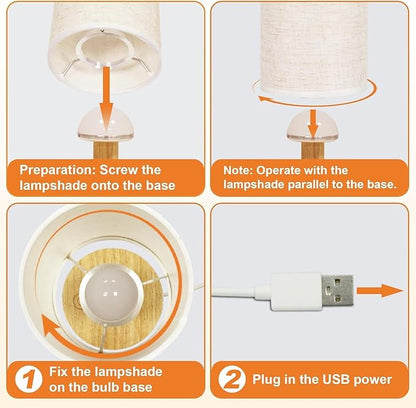 Touch Bedside Table Lamps Set of 2 - Stepless Dimming USB Powered, Minimalist Wood Base Linen Shade, 2700K Warm Night Light for Bedroom Nightstand Nursery Dorm Kitchen Small Spaces(5W LED 50K Hrs)