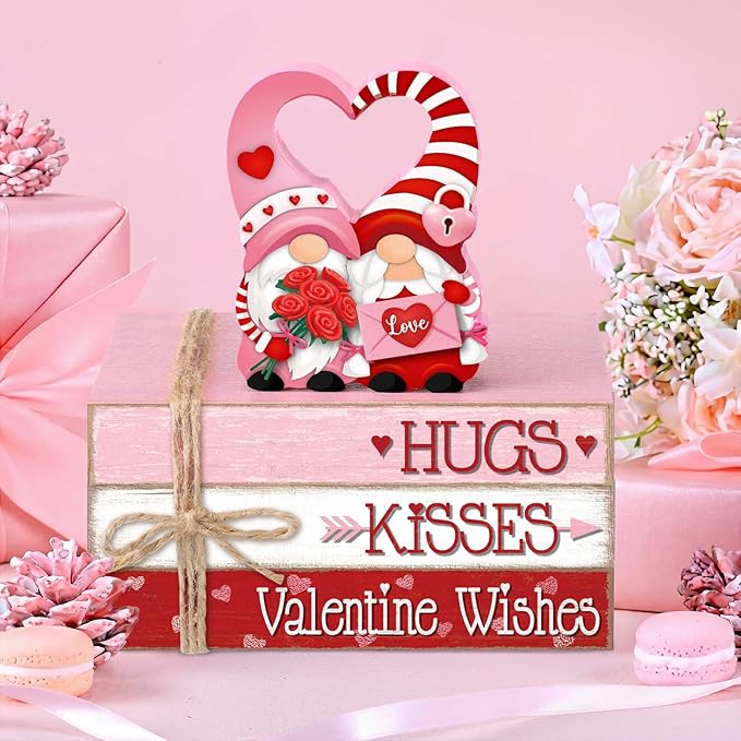 Geelin 4 Pcs Valentine Decorations Valentine Tiered Tray Decoration Wooden Gnome Book Stack Signs Ornament Vintage Table Decoration for Home Office Table Shelf Centerpiece Farmhouse Decorations