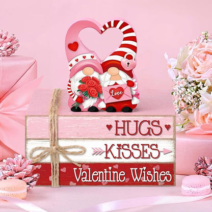 Geelin 4 Pcs Valentine Decorations Valentine Tiered Tray Decoration Wooden Gnome Book Stack Signs Ornament Vintage Table Decoration for Home Office Table Shelf Centerpiece Farmhouse Decorations