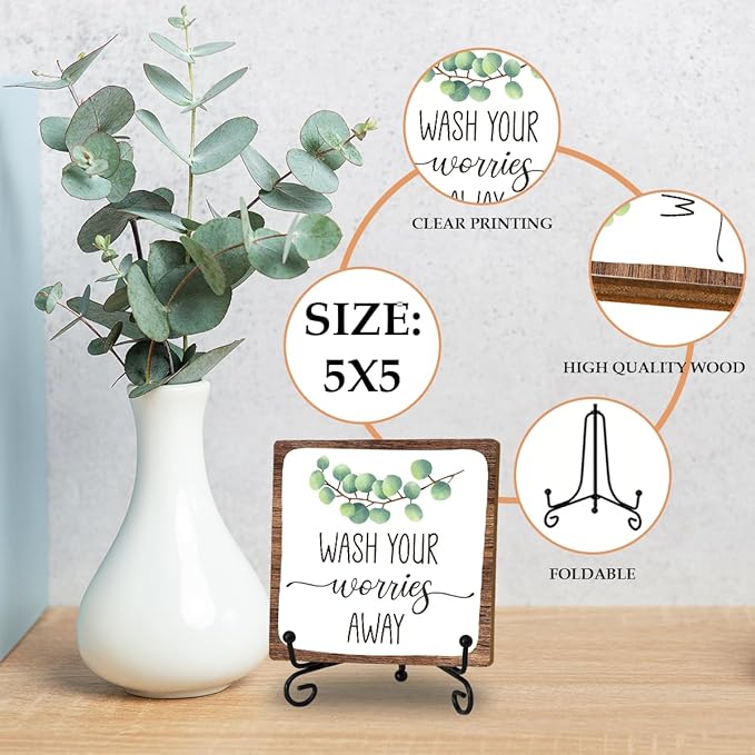 Bathroom Decor, Wash Your Worries Away Wooden Sign With Stand, Funny Bathroom Laundry Room Decor, Restroom Guest Washroom Decoration, Funny Toilet Washroom Plaque Sign Decor, Gifts for Family Friend