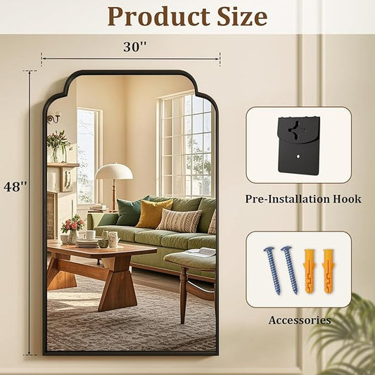 30X48 Inch Black Bathroom Mirror for Wall, Modern Rounded Corner Rectangle Mirror with Non-Rusting Iron Metal Framed Bathroom Vanity Mirror for Over Sink Wall Decor