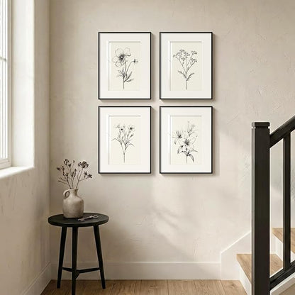Framed Vintage Botanical Wall Art Set, 4 Piece Minimalist Black and White Floral Prints Artwork for Walls, Neutral Flower Pictures for Modern Farmhouse Bedroom Living Room Bathroom Wall Decor, 12x16