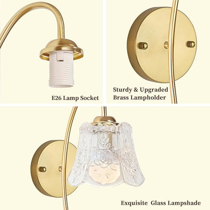 Vintage Battery Wall Sconce with Flower lampshade,Rechargeable Battery Powered Wall Lights,Wall lamp with 15 Colors for Bedroom Living Room Home Decor (Clear Rose, 2 Light Battery Operated)