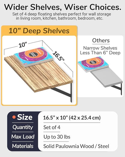 Deep Floating Shelves 10" D x 16.5" W Set of 4, Rustic Wood Wall Bookshelves for Living Room, Kitchen, Laundry Room, Bathroom, Bedroom, Books, Plants, and More (Natural Burned Finish)