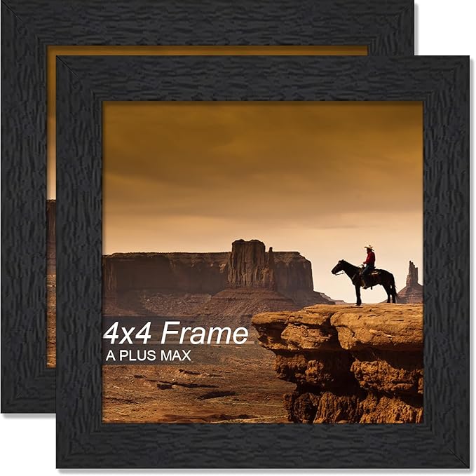 A PLUS MAX 4x4 Picture Frame Set of 2, Black Engineered Wood Frame for 4 x 4 Inch Picture Poster Photo, Light Weight 4 by 4 Frame with Wood-grain for Wall - 2 Pack/Black/4