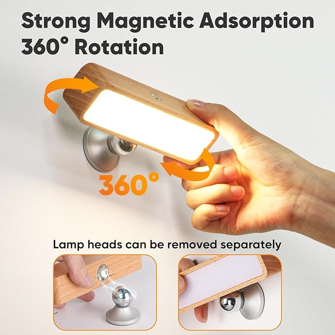 Wood Wall Sconces Battery Operated, Rechargeable Wall Lights Battery Operated, Stick On Wall Mounted lamp Bedside Reading for Bedroom, Stepless Dimmable Wall Lamps for Living Room