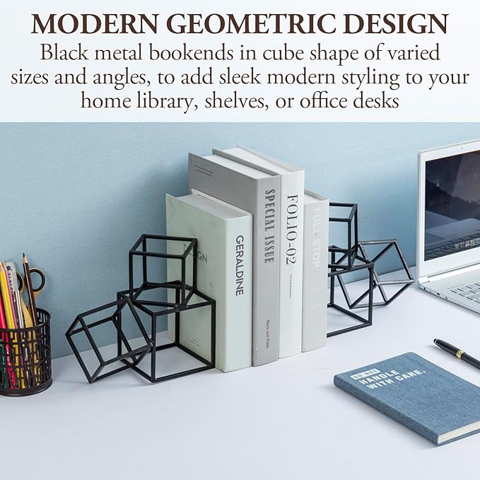 MyGift Modern Black Metal Geometric Bookends, Decorative Book Ends Stands for Home Library Bookshelf Office Desk, 1 Pair, Handcrafted in India, 3 Cube Frame Design