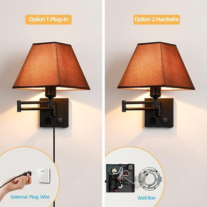 Swing Arm Wall Lamp.Plug in Wall Sconces with USB Port and AC Outlet.Sconces Wall Lighting Coffee Fabric Shade with Dimmable Switch for Hallway Bedroom Living Room.Black Finish.