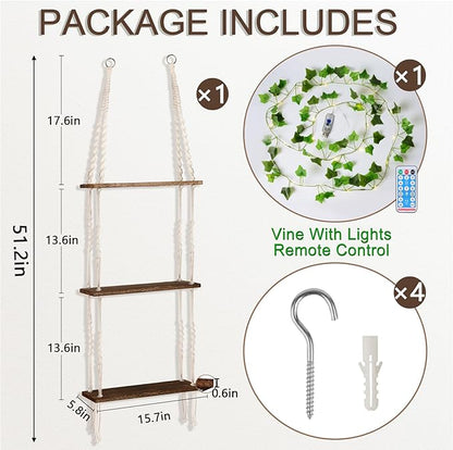 Hanging Shelf with Vine Lights(USB Powered), Macrame Shelf, Wall Shelf with Handmade Ropes, 3 Tier Floating Shelf, Boho Room Decor Aesthetic for Succulents, Bedroom, Living Room, Bathroom