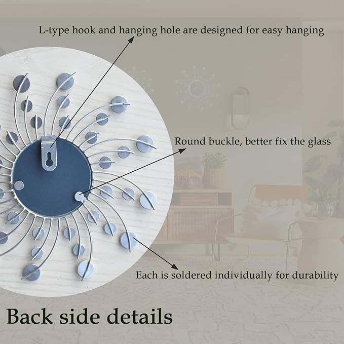 Mirror Wall Decor Metal Sun Mirror Home Decoration Wall Art Decorative Suitable for Living Room Bedroom Bathroom Entryway