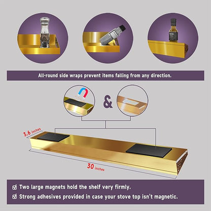 30" Magnetic Stove Top Shelf – Brushed Gold Spice Rack and Seasoning Organizer – Kitchen Shelf for Back of Stove – Over Stove Rack and Storage Organizer