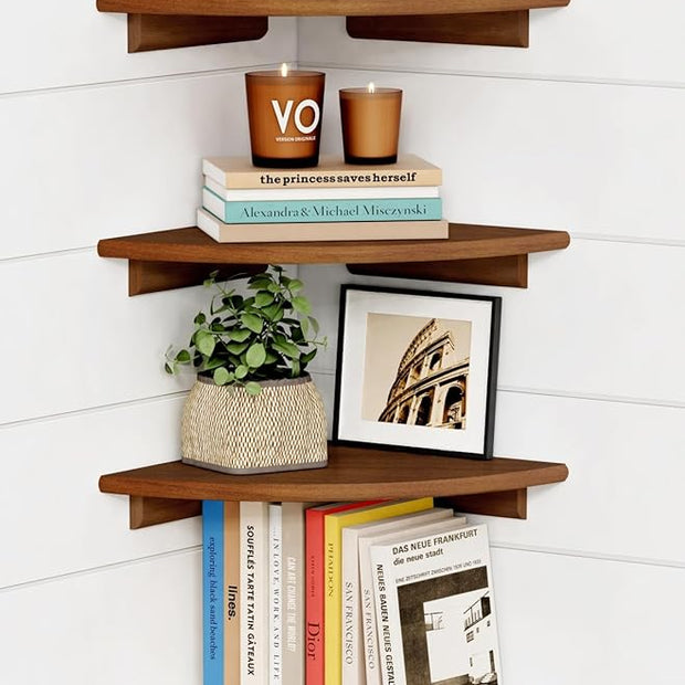 Forbena Corner Bookshelf Wall Mounted Set of 4, Wooden Floating Book Shelves for Nursery, Large Wall Shelving Unit for Living Room Bedroom Bathroom Kitchen Office Classroom Corner (Walnut Color)