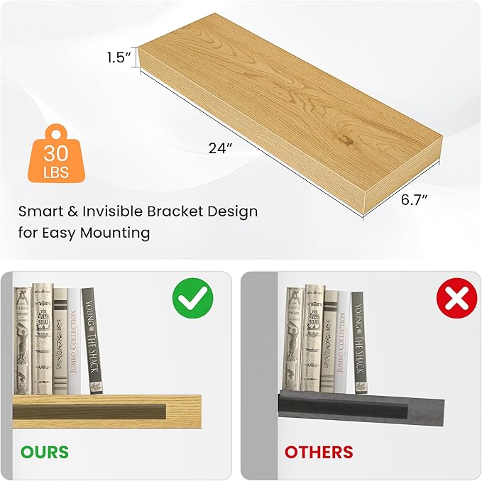 24 Inch Floating Shelves for Wall, Wooden Wall Mounted Display Shelves with Invisible Brackets for Living Room, Bedroom, Bathroom, Kitchen Decor and Storage, Set of 2, Oak