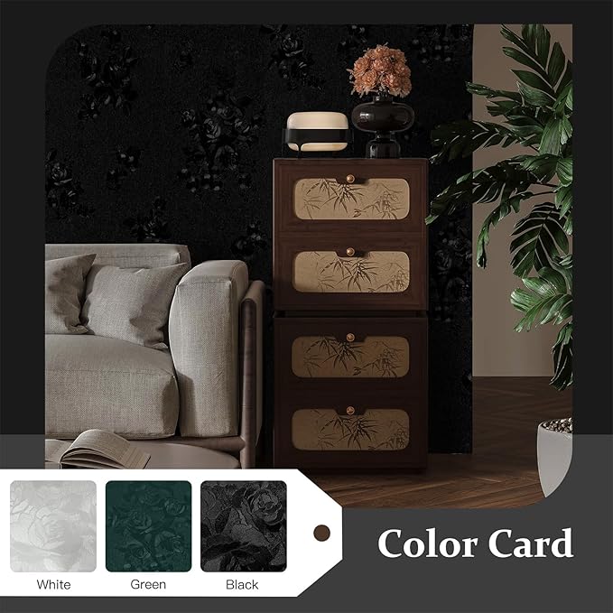 Dimoon 17.7''x118'' Peel and Stick Wallpaper Black Contact Paper Gothic Floral Modern Wall Paper Renter Friendly Self Adhesive Damask Cabinet Vinyl Roll(118''x17.7'', Black Floral Textured)