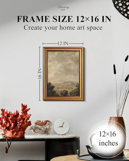 HUARCEY Framed Canvas Wall Art Vintage Decor, Mountain Clouds Picture Decor, Rustic Vintage Neutral Canvas Paintings Retro Table Desk Pictures for Bedroom Living Room, 12x16Inch
