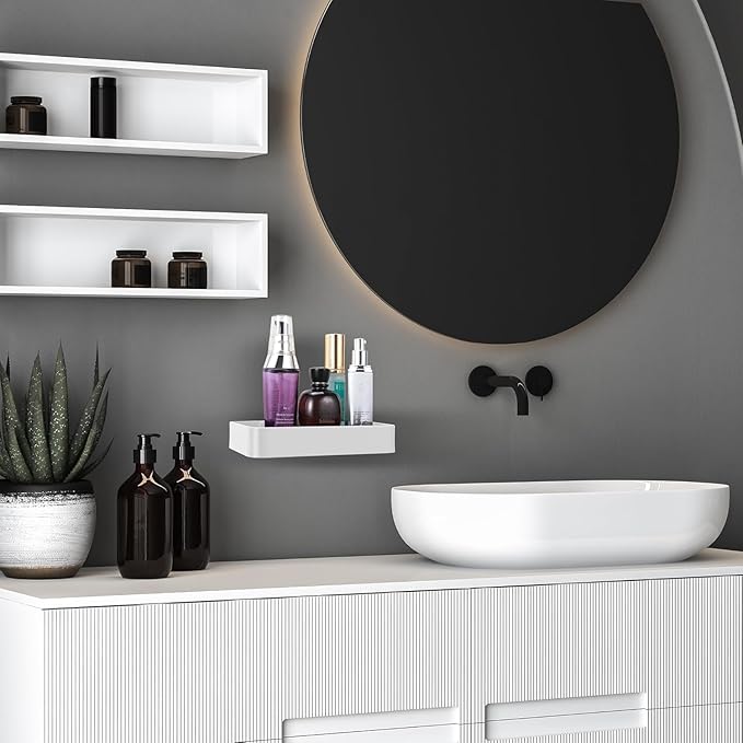 Z metnal Small Glass Bathroom Shelves, White Floating Wall Shelf, Mini Wall Mounted (White Clear Glass, 8 inch/20cm)