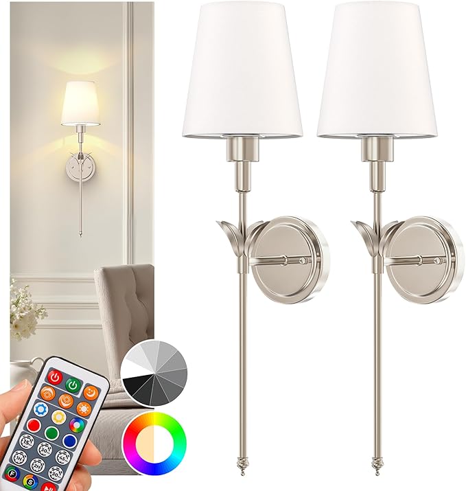 DORESshop Battery Operated Wall Sconce Set of 2, Wireless Wall Light Easy to Install, 7 Color Rechargeable Wall Sconces, Sconce Wall Decor Set of 2 for Bedroom, Living Room, Silver, 24.3in