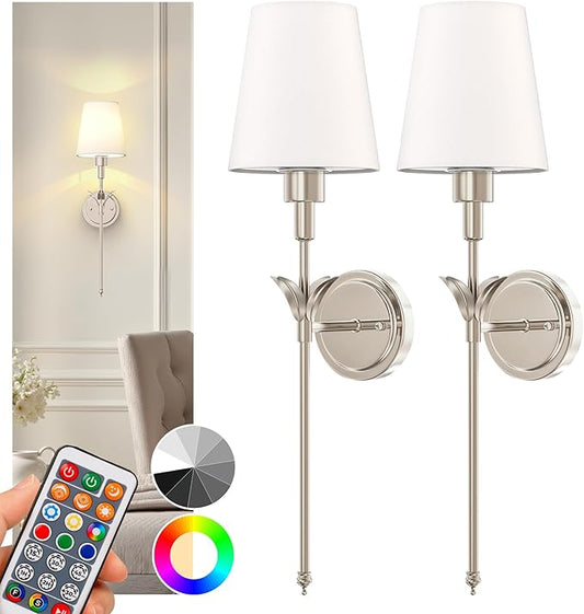 DORESshop Battery Operated Wall Sconce Set of 2, Wireless Wall Light Easy to Install, 7 Color Rechargeable Wall Sconces, Sconce Wall Decor Set of 2 for Bedroom, Living Room, Silver, 24.3in