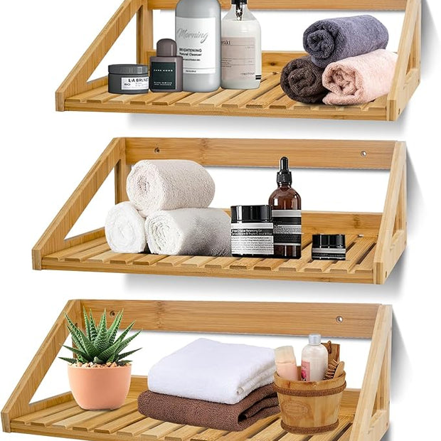 Floating Shelves Wall Mounted, 3 Pcs Solid Bamboo Wall Hanging Rack Holder, Wall Storage Shelves for Bedroom, Living Room, Bathroom, Kitchen, Office Decor