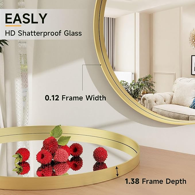 30 Inch Round Bathroom Mirror - Wall Mounted Circle Mirror with Metal Frame, Modern Mirror Suitable for Bathroom, Vanity, Entryway, Living Room, Wall Decor,Gold