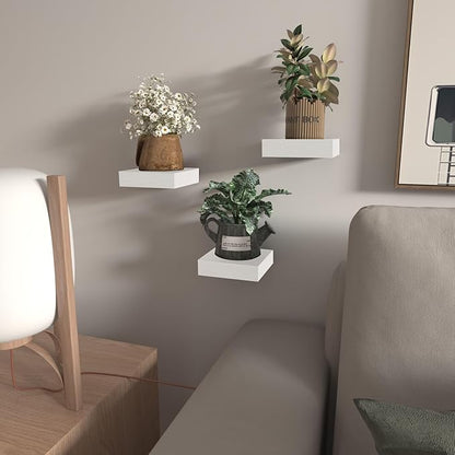 Small Floating Shelves for Wall - 4 Inch Mini Square White Shelves for Bedroom, Living Room, Bathroom, Kitchen, Office Decor Set of 3