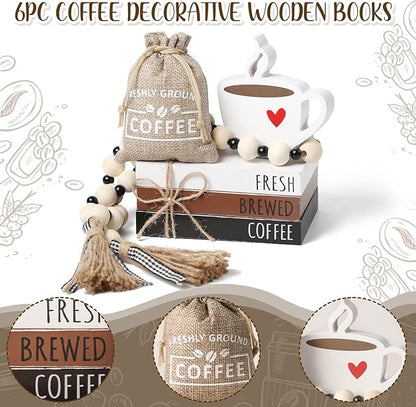 Coffee Bars Decor, 6 PCS Coffee Bar Decorations,Mini Wooden Book Stacks with Bead Garland, Coffees Bar Accessories for Tiered Tray,Table,Shelf,Rustic Farmhouse Home Decor