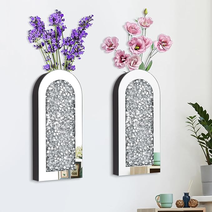 Crushed Diamond Mirrored Wall Decor Vase Crystal Silver Mirror Flower Vase Stunning Decor Glass Hanging Planter for Home Decor Living Room Dining Bedroom Hallway Wall Decor.Can't Hold Water(2 Set)