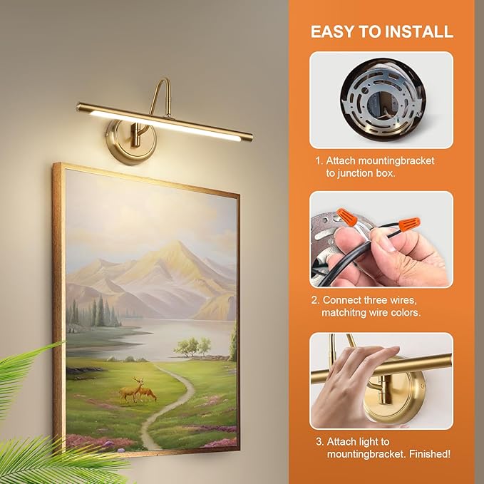 Modern LED Picture Light Hardwired, 16.5 Inch Dimmable Gallery Art Light with 270° Rotatable Lamp Head, Brass Wall Sconce for Paintings Display, 3000K Warm White, Metal Swing Arm Art Lamp for Mirror