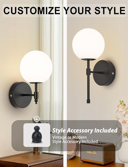Battery Operated Wall Sconces Set of 2, Glass Globe Wireless Lights with Remote & Touch Control, Rechargeable Matte Black Sconce, 3 Color Dimmable Ambient Lighting for Bedroom Living Room