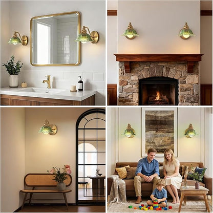 Redluck Battery Operated Wall Sconce with Remote Control, Vintage Green Glass Wireless Wall sconces Set of Two, Rechargeable Battery Powered Wall Lamp for Bedside Bedroom Living Room Hallway Decor