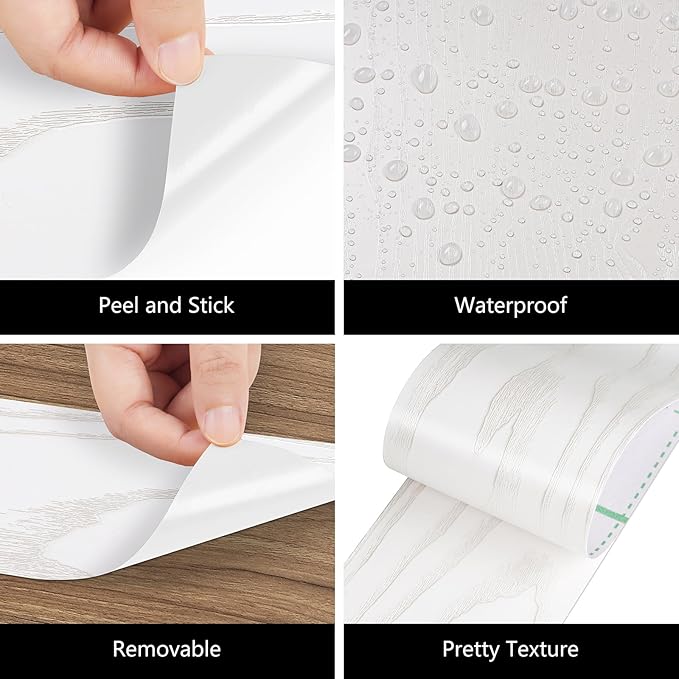 LACHEERY 50ft x 3in Silver White Wood Wallpaper Border Peel and Stick Wall Border Textured Wood Grain Mirror Borders Peel and Stick Borders Trim for Walls Bathroom Bedroom Living Room Decor Removable