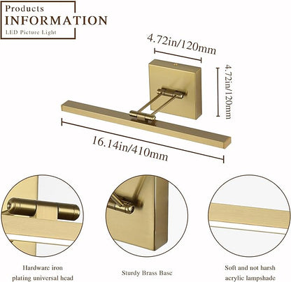 Hardwired Picture Light Brass Dimmable Modern LED Light for Pictures 15.7 Inch Long Swing Arm Art Lighting for Paintings Warm White 3000K Gallery Wall Light