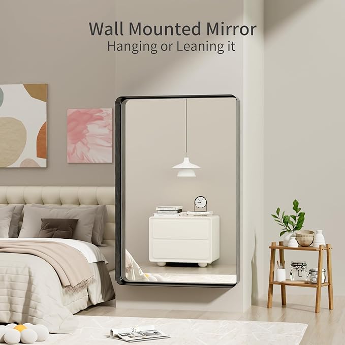 Koonmi Black Wall Mirror for Bathroom, 36x55 Inch Matte Deep Framed Rounded Rectangle Vanity Mirror for Farmhouse Living Room, Tempered Glass, Anti-Rust, Vertically or Horizontally