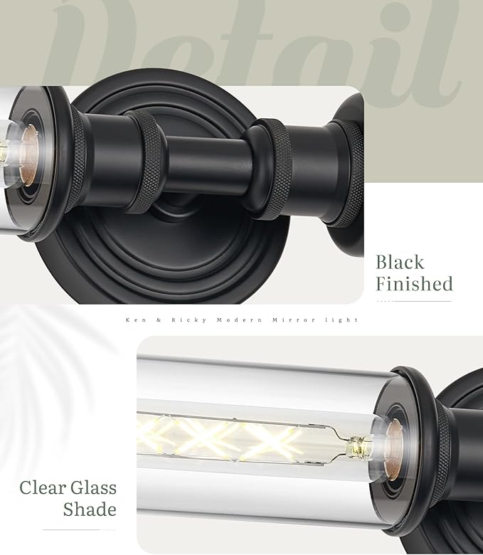 Ken & Ricky Modern Bathroom Sconces Set of 2, Matte Black Bathroom Wall Sconces,24-Inch Wall Sconce Light Fixtures for Bathroom Living Room Bedroom