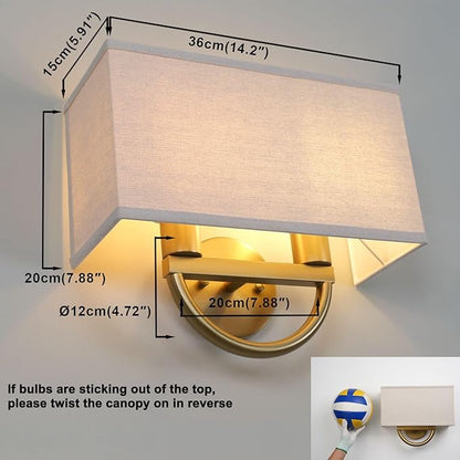 Yosoan Linen Fabric Cloth Boho Gold Brass Wall Sconce Stairwell Fixture Light, 2-Light Indoor Hardwired Dual Vanity Wall Mount Vintage Antique Metal Base Lights Square Fabric Shade for Bedside Hallway