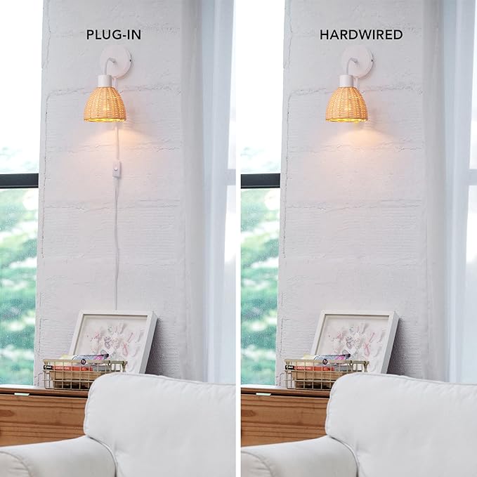 Globe Electric 65928 Briar 1-Light Plug-in or Hardwire Wall Sconce, Matte White, Rattan Shade, 6ft White Braided Fabric Designer Cord, in-Line On/Off Rocker Switch