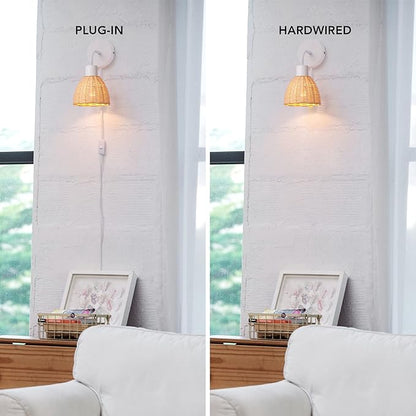 Globe Electric 65928 Briar 1-Light Plug-in or Hardwire Wall Sconce, Matte White, Rattan Shade, 6ft White Braided Fabric Designer Cord, in-Line On/Off Rocker Switch