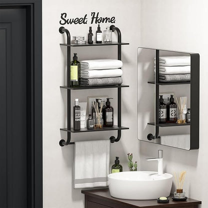Bathroom Shelves Wall Mounted, Rustic Farmhouse Pipe Shelves, Walls Shelf 3-Tier, Industrial Pipe Shelving, Floating Shelf Wall Decor for Bathroom, Kitchen, Bedroom, Living Room 17.3in Black