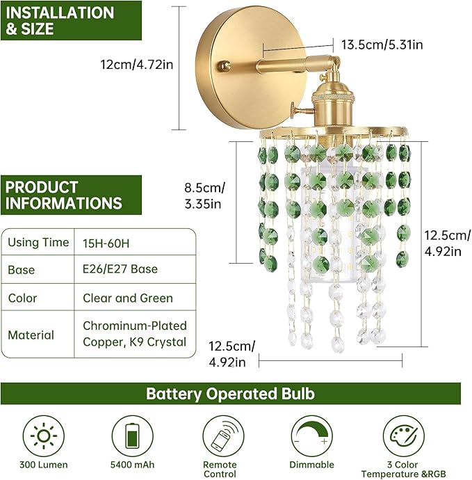 Set of 2 Crystal Battery Operated Wall Sconce,Rechargeable Wall Lamp with 5400mAh Battery & Remote Control, Modern Dimmable Wireless Wall Lights for Bedroom Bathroom (Green, Gold Base)