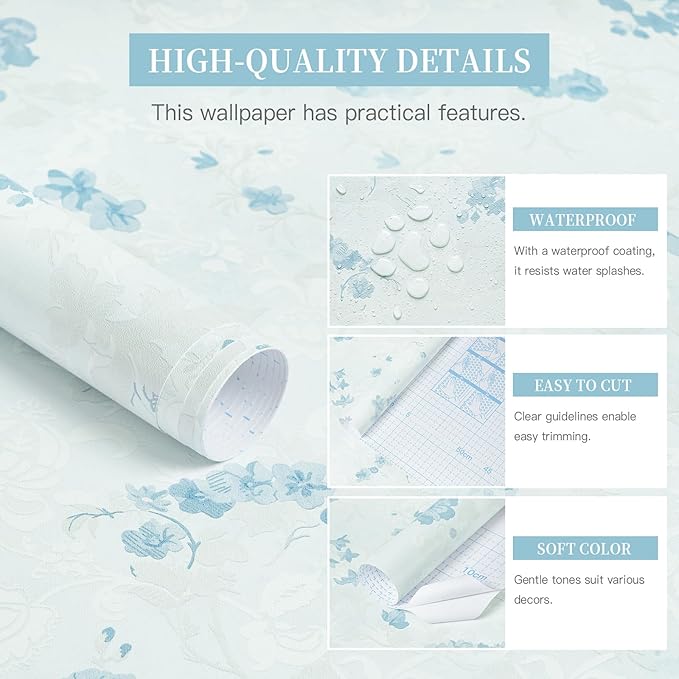 Dimoon 197"x17.3" Blue Wallpaper Floral Contact Paper Peel and Stick Wallpaper White Vintage French Country Renter Friendly Bathroom Boho Flower Removable Wall Paper Kitchen Self Adhesive Vinyl Roll