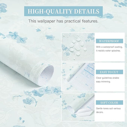 Dimoon 197"x17.3" Blue Wallpaper Floral Contact Paper Peel and Stick Wallpaper White Vintage French Country Renter Friendly Bathroom Boho Flower Removable Wall Paper Kitchen Self Adhesive Vinyl Roll